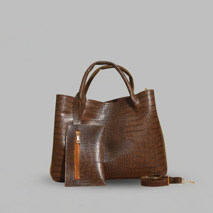 Brown Textured PU Leather Handbag Set for Women