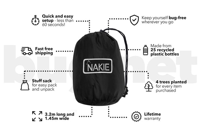 Black stuff sack-style bug net with NAKIE logo patch and drawstring closure, made from recycled plastic