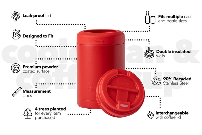 Red powder-coated stainless steel can cooler with leak-proof lid and interchangeable coffee lid, shown with lid removed.