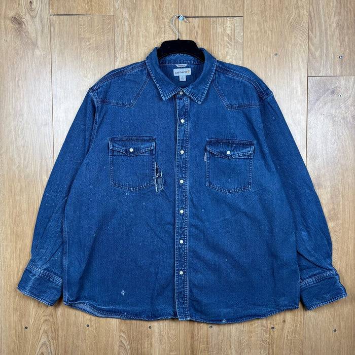 Carhartt Denim Western Shirt 3XL Blue Relaxed Fit Pearl Snap Distressed