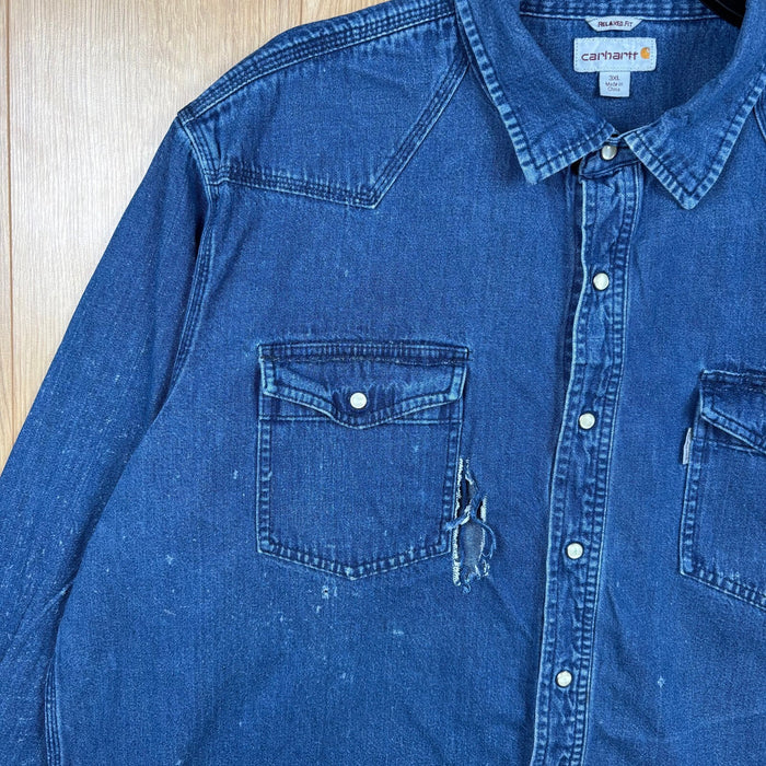 Carhartt Denim Western Shirt 3XL Blue Relaxed Fit Pearl Snap Distressed