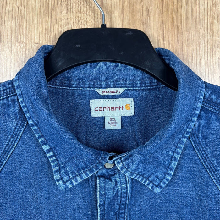 Carhartt Denim Western Shirt 3XL Blue Relaxed Fit Pearl Snap Distressed
