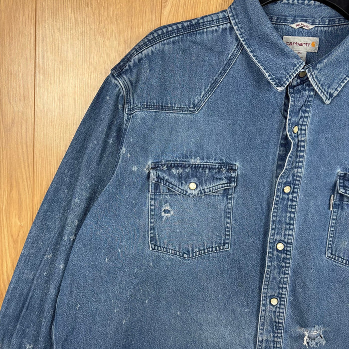 Carhartt Relaxed Fit Denim Western Shirt Blue 3XL Distressed Snap Button