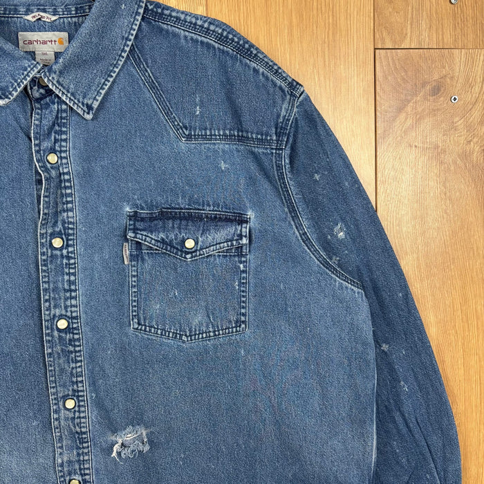 Carhartt Relaxed Fit Denim Western Shirt Blue 3XL Distressed Snap Button