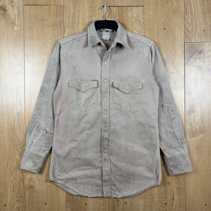 Carhartt Rugged Outdoor Wear Distressed Western Work Shirt Beige Size M