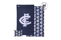 Navy AFL beach towel with large Carlton Blues logo, reversible with repeating team emblem pattern, includes small carry pouch