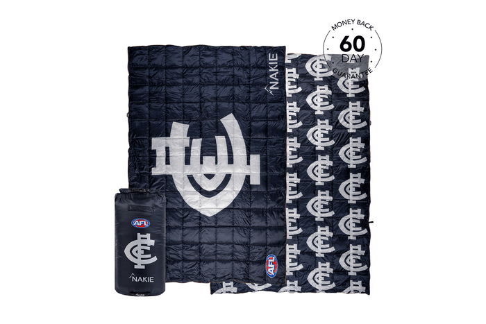 Navy quilted puffy blanket with Carlton Blues AFL logo and club crest in white, displayed flat with matching stuff sack and r