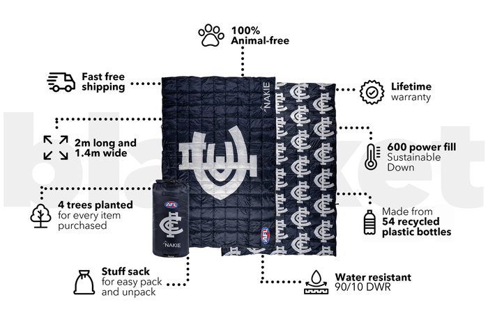 Carlton Blues navy quilted puffy blanket with team logo and repeating crest pattern, 2m long and 1.4m wide