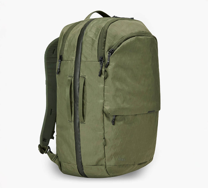 Olive-green travel backpack with front zip pocket, dual vertical zippers, and top carry handle.