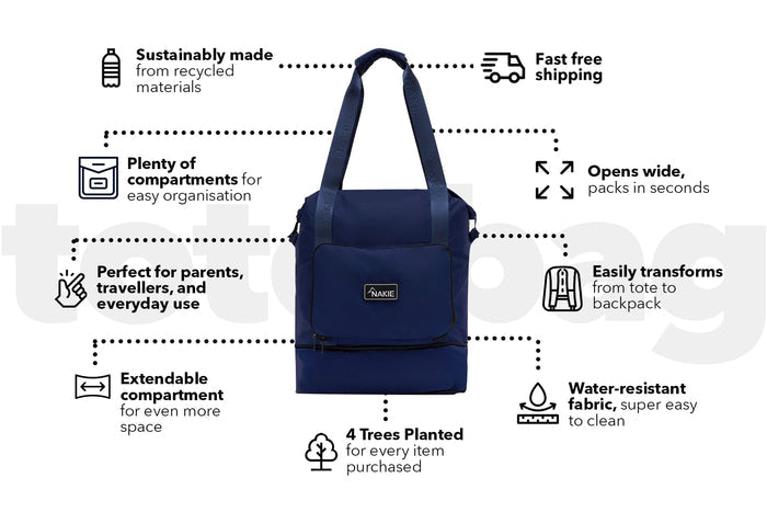 Navy recycled tote bag with dual handles, front pocket, and expandable bottom compartment, shown front view.