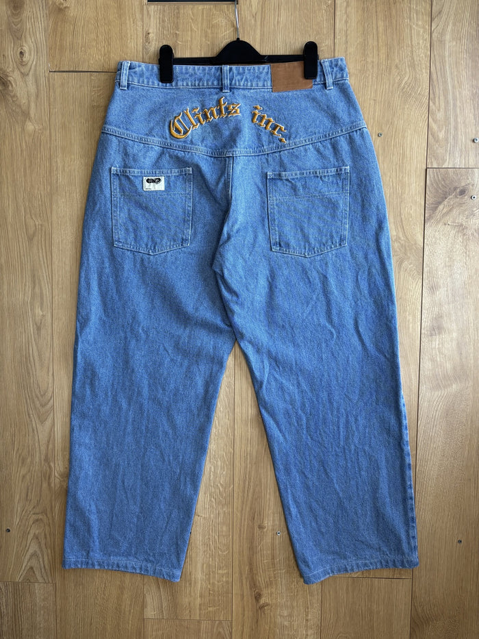 Clints Inc Baggy Denim Jeans Blue Embroidered Logo Y2K Skater Size L