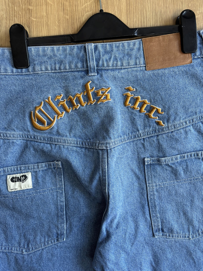Clints Inc Baggy Denim Jeans Blue Embroidered Logo Y2K Skater Size L