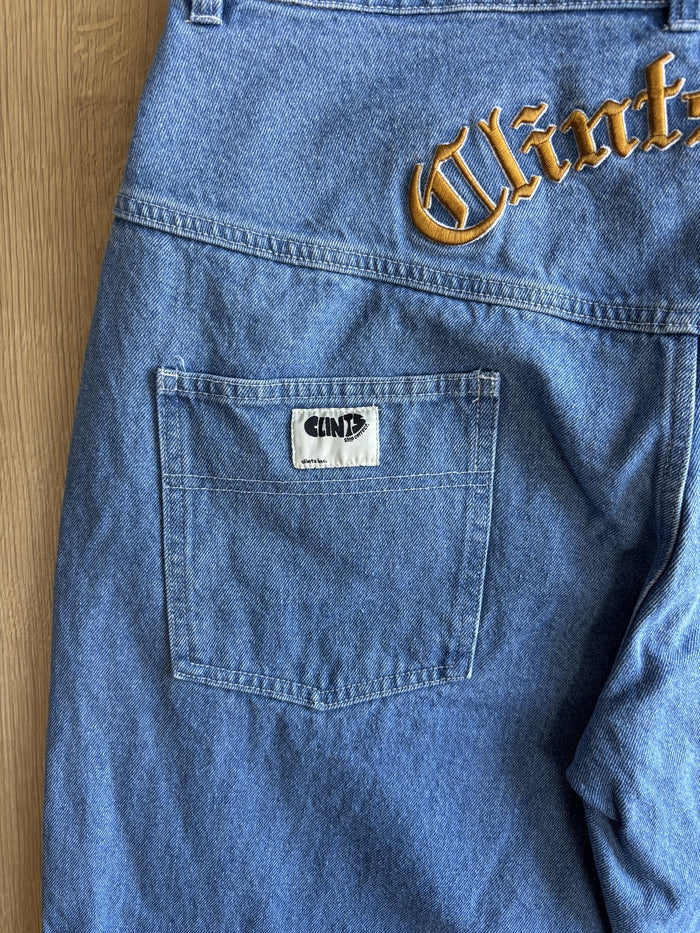 Clints Inc Baggy Denim Jeans Blue Embroidered Logo Y2K Skater Size L