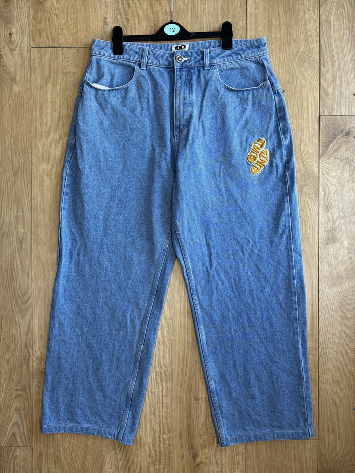 Clints Inc Baggy Denim Jeans Blue Embroidered Logo Y2K Skater Size L