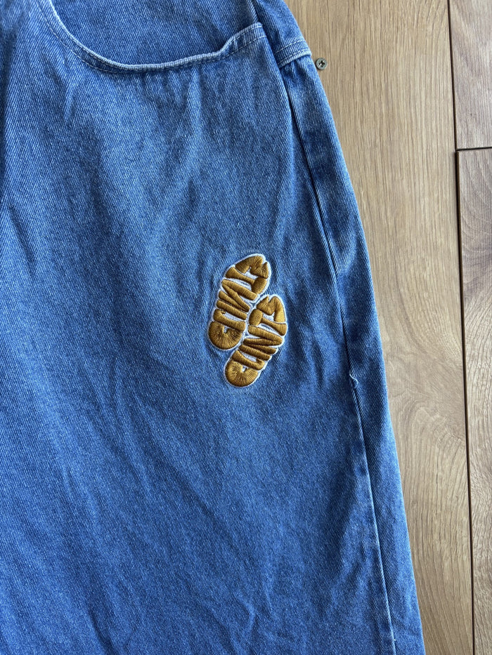 Clints Inc Baggy Denim Jeans Blue Embroidered Logo Y2K Skater Size L