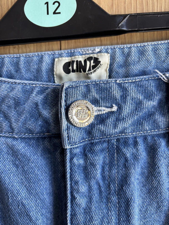 Clints Inc Baggy Denim Jeans Blue Embroidered Logo Y2K Skater Size L