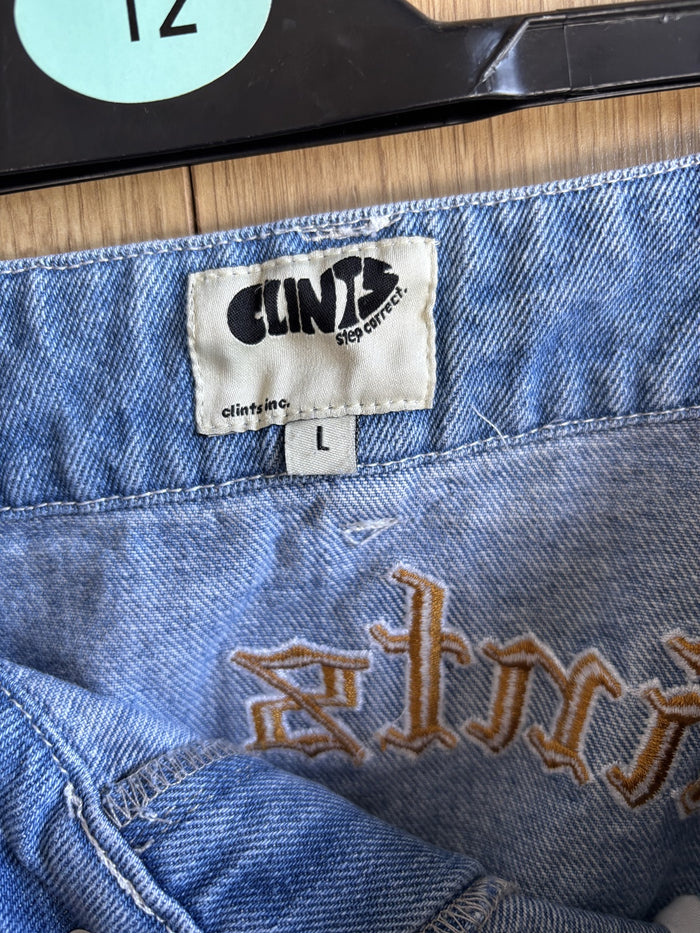 Clints Inc Baggy Denim Jeans Blue Embroidered Logo Y2K Skater Size L