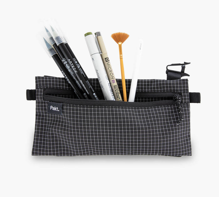 Front view of Clip-in Flat Pouch showcasing interior organizer pockets with pens on white background