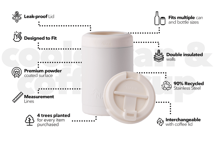 Coastal Cream coffee cup lid with leak-proof design, shown from front and top angles with product features labeled.