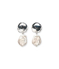 Coin Reflection Earrings in Silver. Silver abstract tops with linked pearl drops.