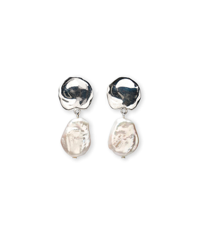 Coin Reflection Earrings in Silver. Silver abstract tops with linked pearl drops.