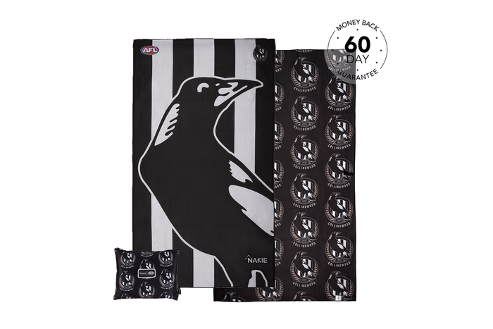 Collingwood Magpies black and white striped beach towel with magpie logo and repeating crest pattern, shown flat with matchin