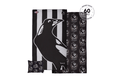 Collingwood Magpies black and white striped beach towel with magpie logo and repeating crest pattern, shown flat with matchin