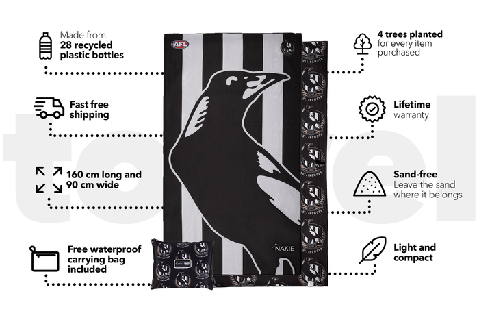Black and white striped AFL Collingwood Magpies beach towel with magpie graphic, 160cm x 90cm, shown with matching carrying p