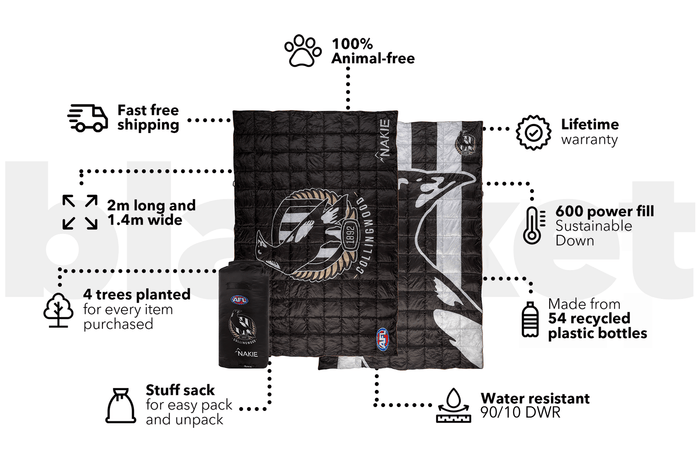 Black quilted puffy blanket with Collingwood Magpies AFL design, white striping, and feather graphic, displayed flat