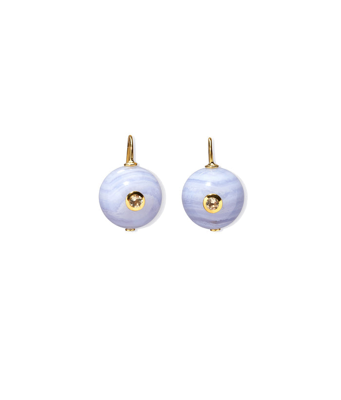 Small gold-fill wire earrings with semiprecious blue agate stones and inlaid with lemon quartz.