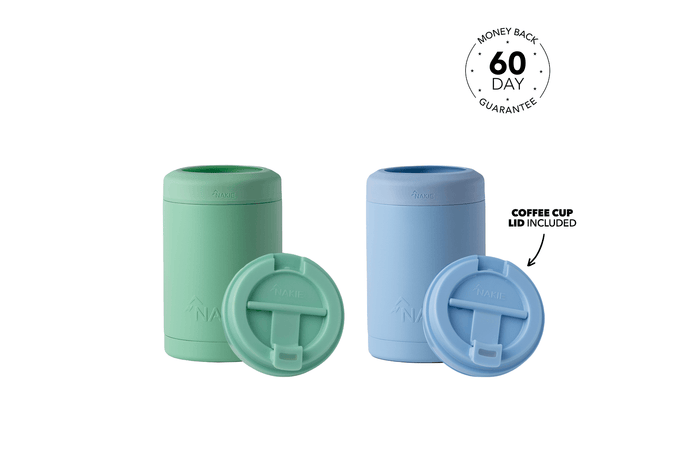 Two insulated coffee cups with lids in mint green and periwinkle blue, shown with matching screw-top lids featuring handles.