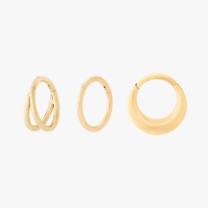 This Core Clicker Set includes one 8mm double clicker, one 8mm clicker, and one 8mm chunky clicker. These clickers are all gold-toned, and have an 8mm diameter.
