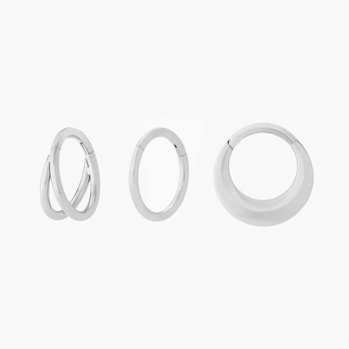 This Core Clicker Set includes one 8mm double clicker, one 8mm clicker, and one 8mm chunky clicker. These clickers are all silver-toned, and have an 8mm diameter.
