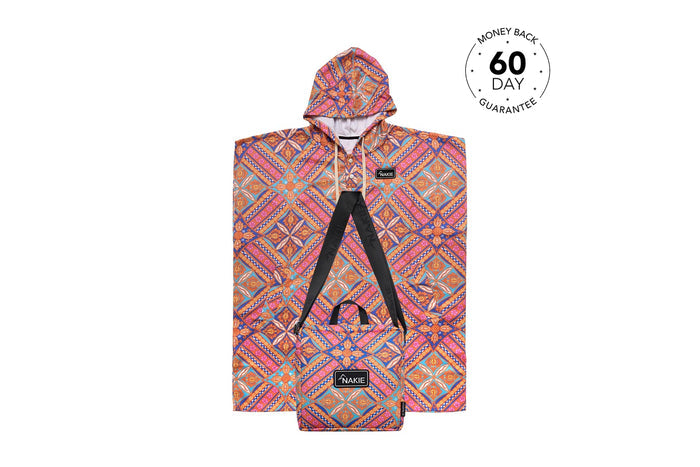 Multicoloured geometric patterned hooded towel with black straps, displaying front view of the changing robe design.