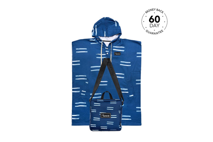 Blue hooded towel with white dash pattern and matching navy sand-free beach bag with shoulder straps