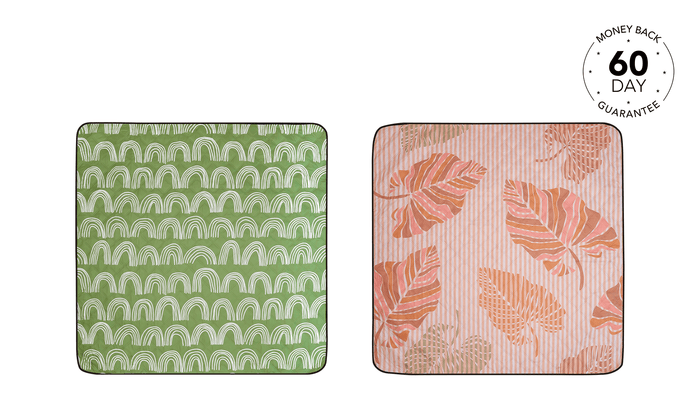 Studio shot presenting a duo of Nakie's picnic blankets, highlighting their vibrant patterns and eco-friendly design