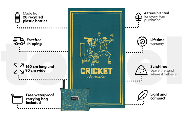 Teal cricket beach towel with gold border and player illustrations, shown with matching patterned carry bag