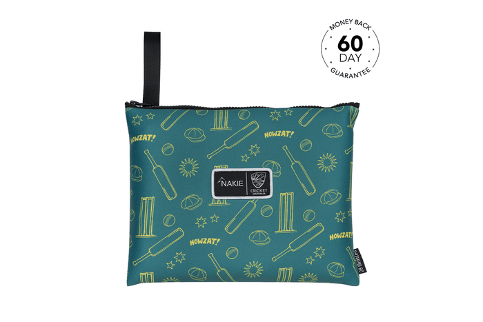 Teal cricket-print beach towel with gold bat, ball and wicket icons, black carry handle and Nakie logo patch.