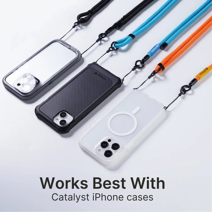 Three iPhones in durable Catalyst Case US coversÃƒÂ¢Ã¢â€šÂ¬Ã¢â‚¬Âclear, black, and whiteÃƒÂ¢Ã¢â€šÂ¬Ã¢â‚¬Âare attached to blue, teal, and orange Crossbody Shoulder Straps for hands-free use. Text: "Works Best With Catalyst Case US Crossbody Shoulder Strap." Clean white background.