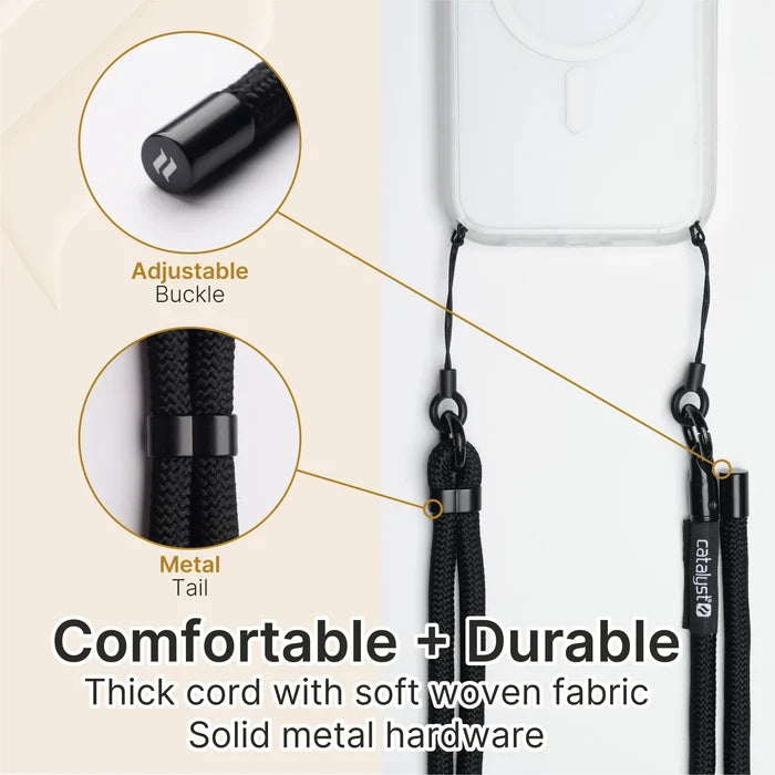 A close-up of a black Catalyst Case US Crossbody Shoulder Strap on a clear phone case showcases the adjustable buckle and metal tail. Text: "Comfortable + Durable. Thick cord, soft woven fabric, solid metal hardware.
