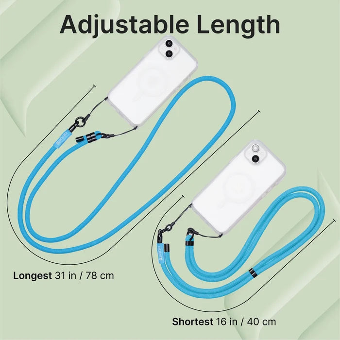 The image displays two clear phone cases with Catalyst Case US Crossbody Shoulder Straps attached, featuring adjustable lengths for hands-free useÃƒÂ¢Ã¢â€šÂ¬Ã¢â‚¬Âone strap at 31 inches ("Longest") and the other at 16 inches ("Shortest").