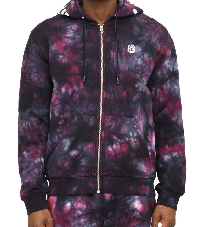 CULT NOVELTY ZIP HOODY IN MERLOT TIE DYE
