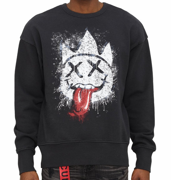 CULT SHIMUCHAN DISTRESSED CREW NECK FLEECE IN PEAT BLACK
