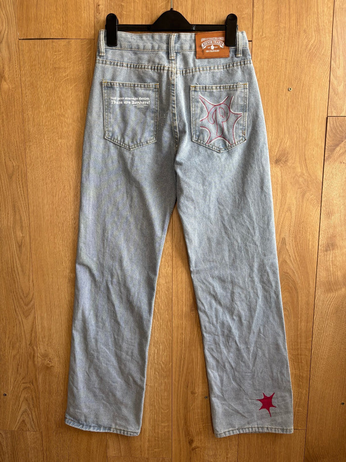 Custom Protect London Style Light Wash Jeans Graphic Print Straight Leg W30