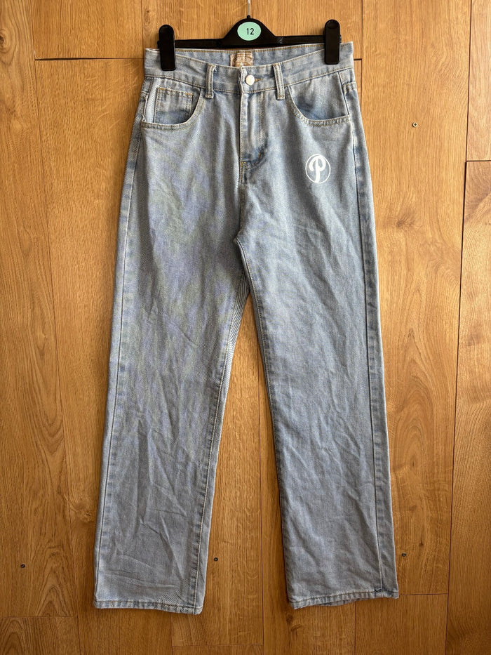 Custom Protect London Style Light Wash Jeans Graphic Print Straight Leg W30