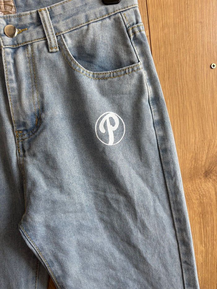 Custom Protect London Style Light Wash Jeans Graphic Print Straight Leg W30