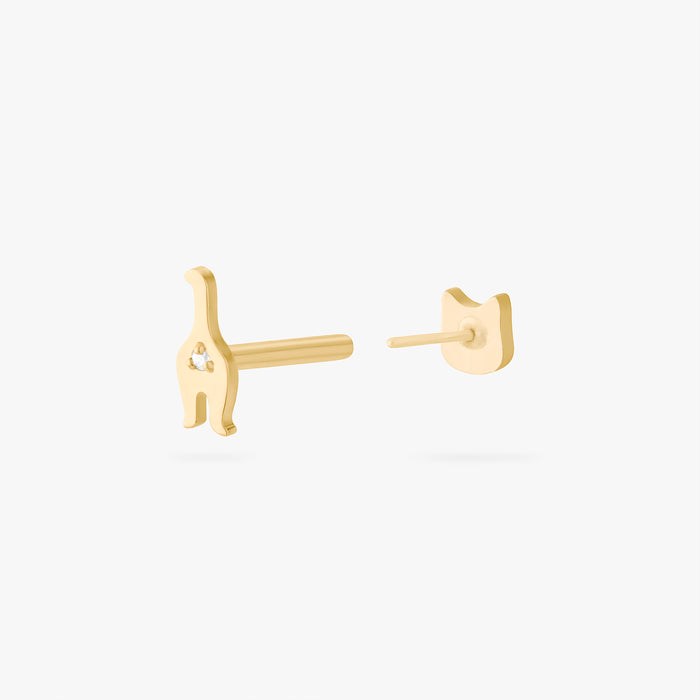 Gold cat-shaped earrings on a white background