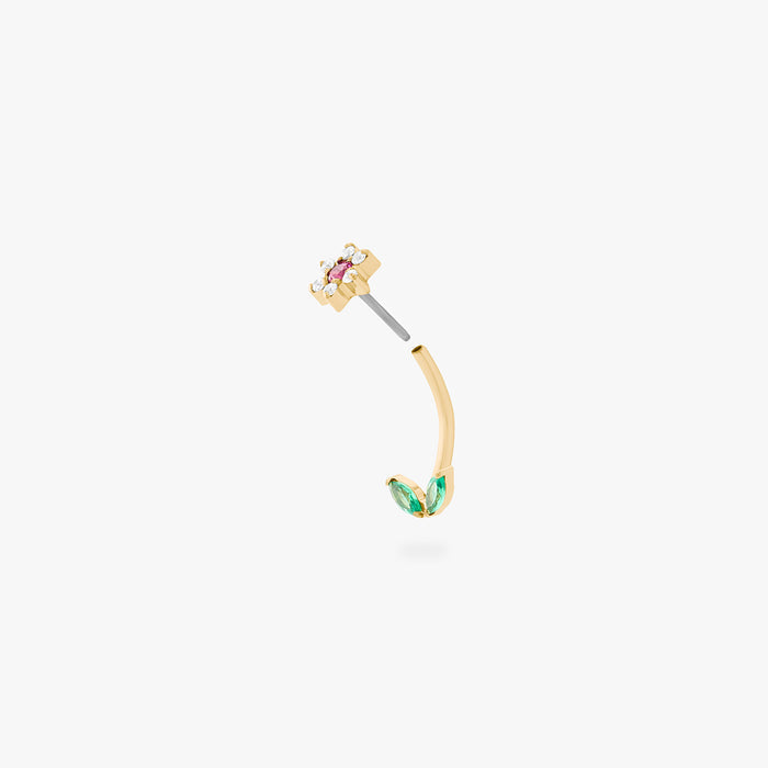 This is an image of a barbell that is shaped like a cz flower with pink cz petals and a green cz stem. color:null|gold/pink
