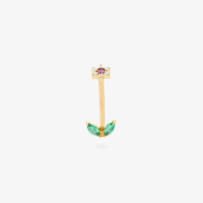 This is an image of a barbell that is shaped like a cz flower with pink cz petals and a green cz stem. color:null|gold/pink