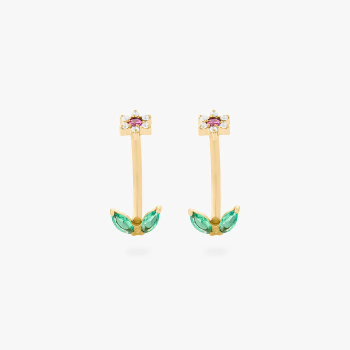 This is an image of a pair of barbells that are shaped like a cz flowers with pink cz petals and green cz stems. [pair] color:null|gold/pink